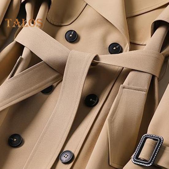 Fall Winter Women Jacket Double-breasted Buttons Solid Color Turn-down Collar with Belt Mid Length Windproof Outdoor Overcoat