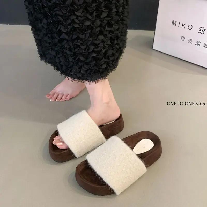 Fashion Plush House Slippers for Women New Open Toe Soft Sole Fuzzy Home Shoes Woman Winter Cozy Warm Indoor Floor Slippers Womens Shoes