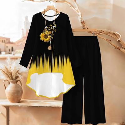 Floral Print Print Two Piece Outfit Women Long Sleeve Irregular Hem Tunic Top Wide Leg Pants Casual Matching Set