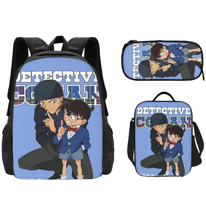 Detective Conan Anime Backpack Set Kids 3-Piece School Bag Crossbody Pencil Case Waterproof Cute Cartoon Design