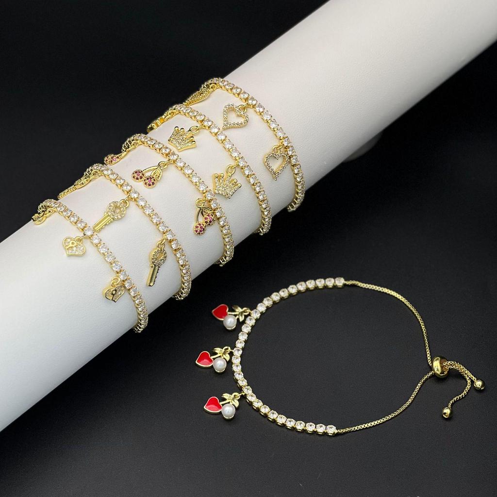 Full Diamond Cherry Zircon Bracelet Heart Crown Pendant - European & American Luxury Fashion