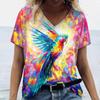 Colorful Animal Bird 3D Digital Printed Women's Casual and Comfortable V-neck Short Sleeved T-shirt