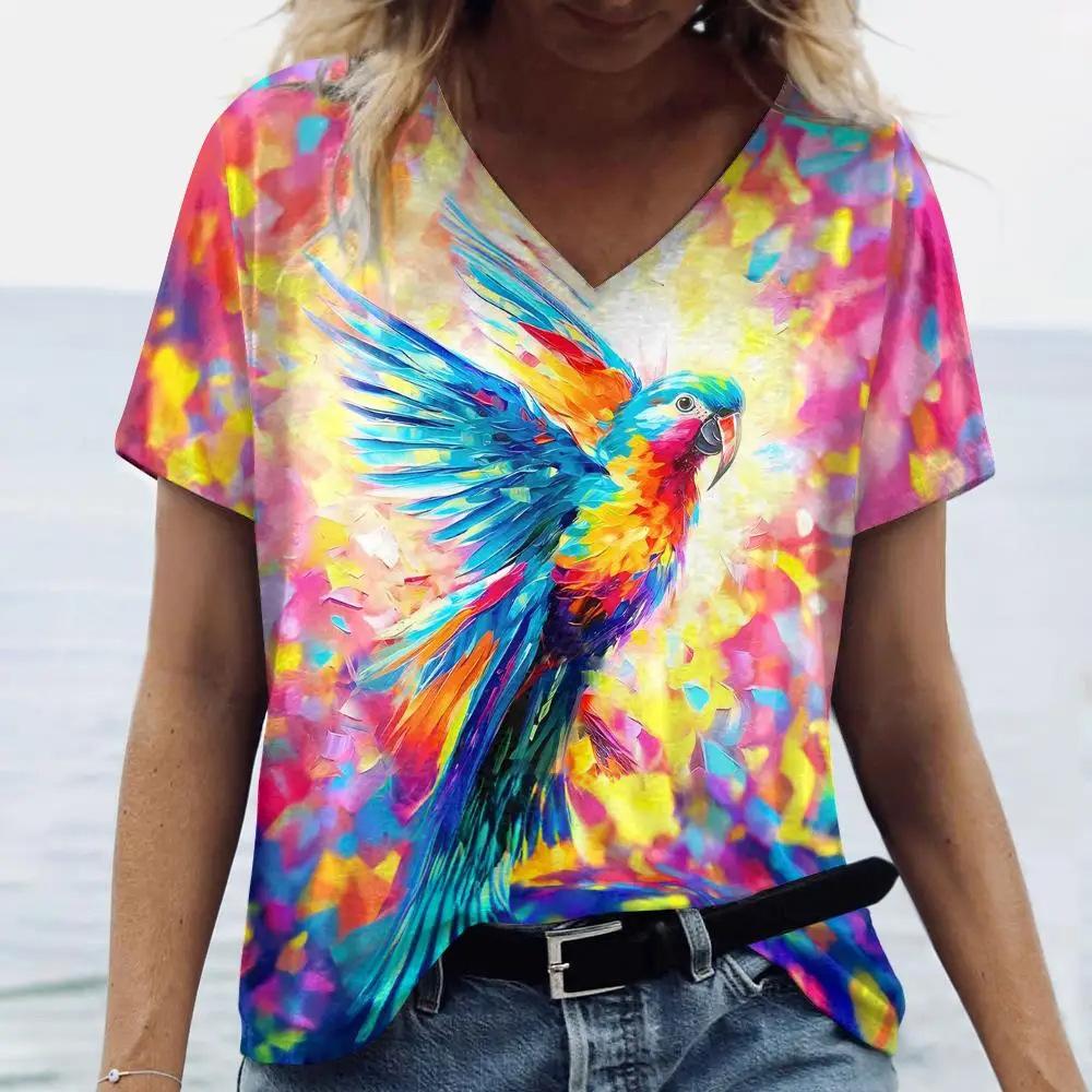Summer Fashion Bird Parrot 3D Print T-Shirts Women V-Neck Short Sleeve T Shirt Y2k Tops Tees Oversized Harajuku Woman Clothing