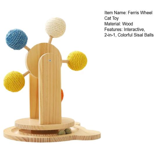 Ferris Wheel Cat Toy 2-in-1 Interactive Rotating Toy with Ball Track Solid Wood Turntable Wheel Toy with Scratching Sisal Balls for Indoor Cats