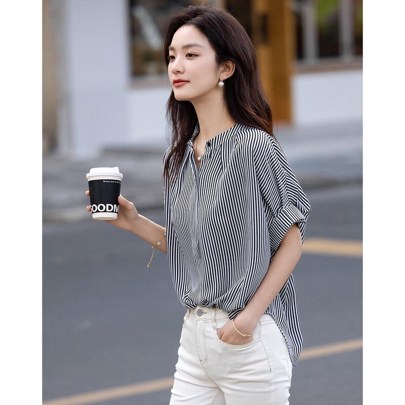 Women's 75D Chiffon Striped Stand Collar Shirt