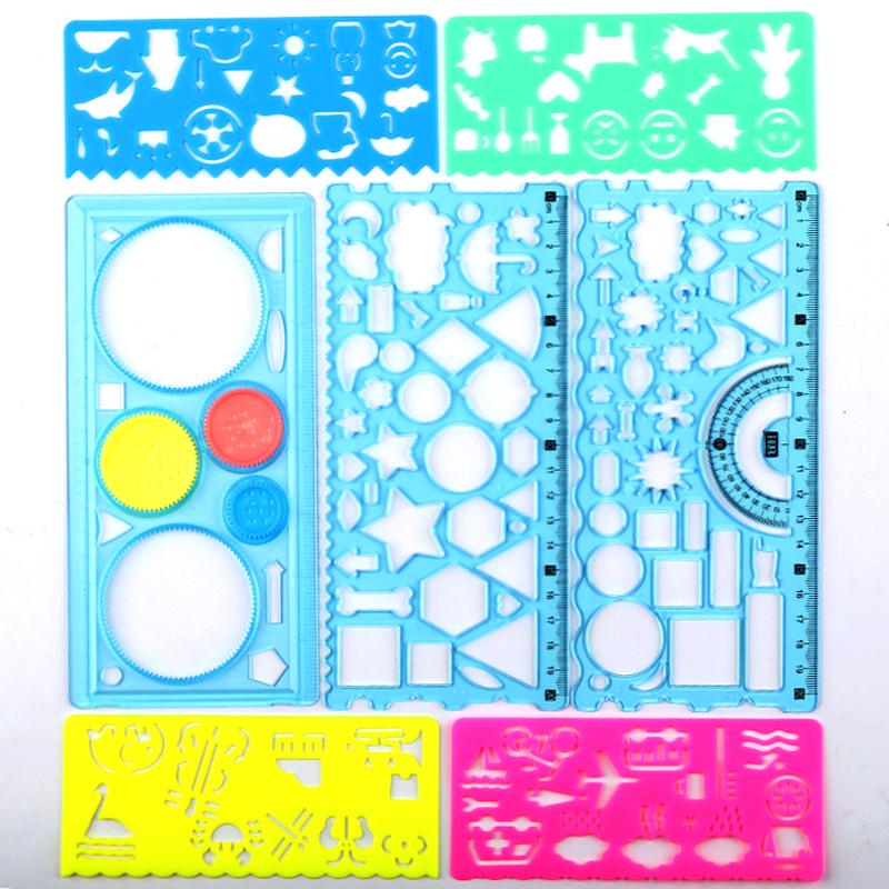 Multi-functional Geometric Ruler Set for Primary Students: 7-Piece Drawing and Painting Kit with Ever-changing Kaleidoscope Ruler 20cm