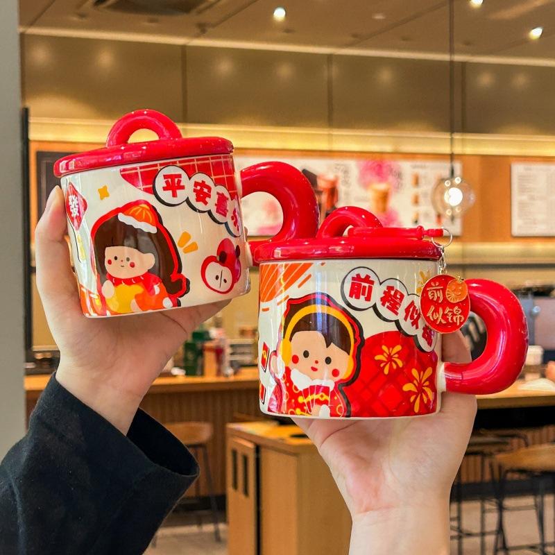 High-value Cute Festive Boys and Girls Drinking Cup Couple Ceramic Mug with Lid Spoon for Girls' Birthday Gifts