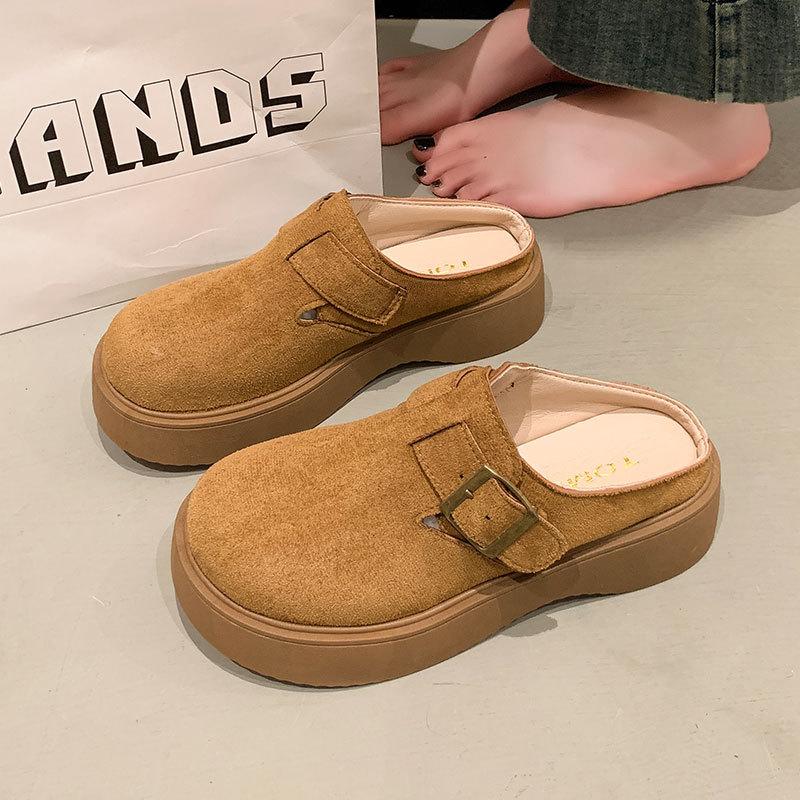 Retro Thick-bottomed Boken Bag Head and Half Slippers for Women's 2025 Spring New Models To Increase Height and Wear Lazy People with One Foot and H