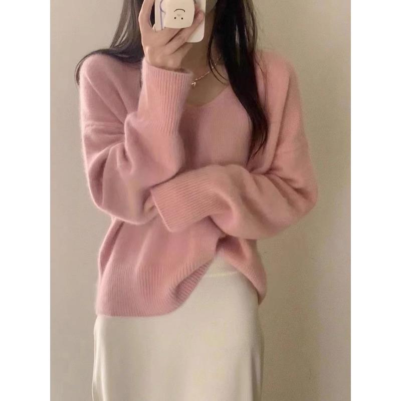Women's V-neck Knitted Sweater Thick Autumn and Winter Loose Lazy Sweater Pullover Sweater