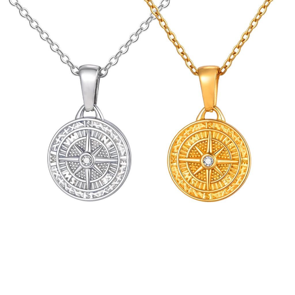 Retro Women'S Necklace, Stainless Steel Zircon Octagram Round Brand Pendant Necklace, Jewelry 2336