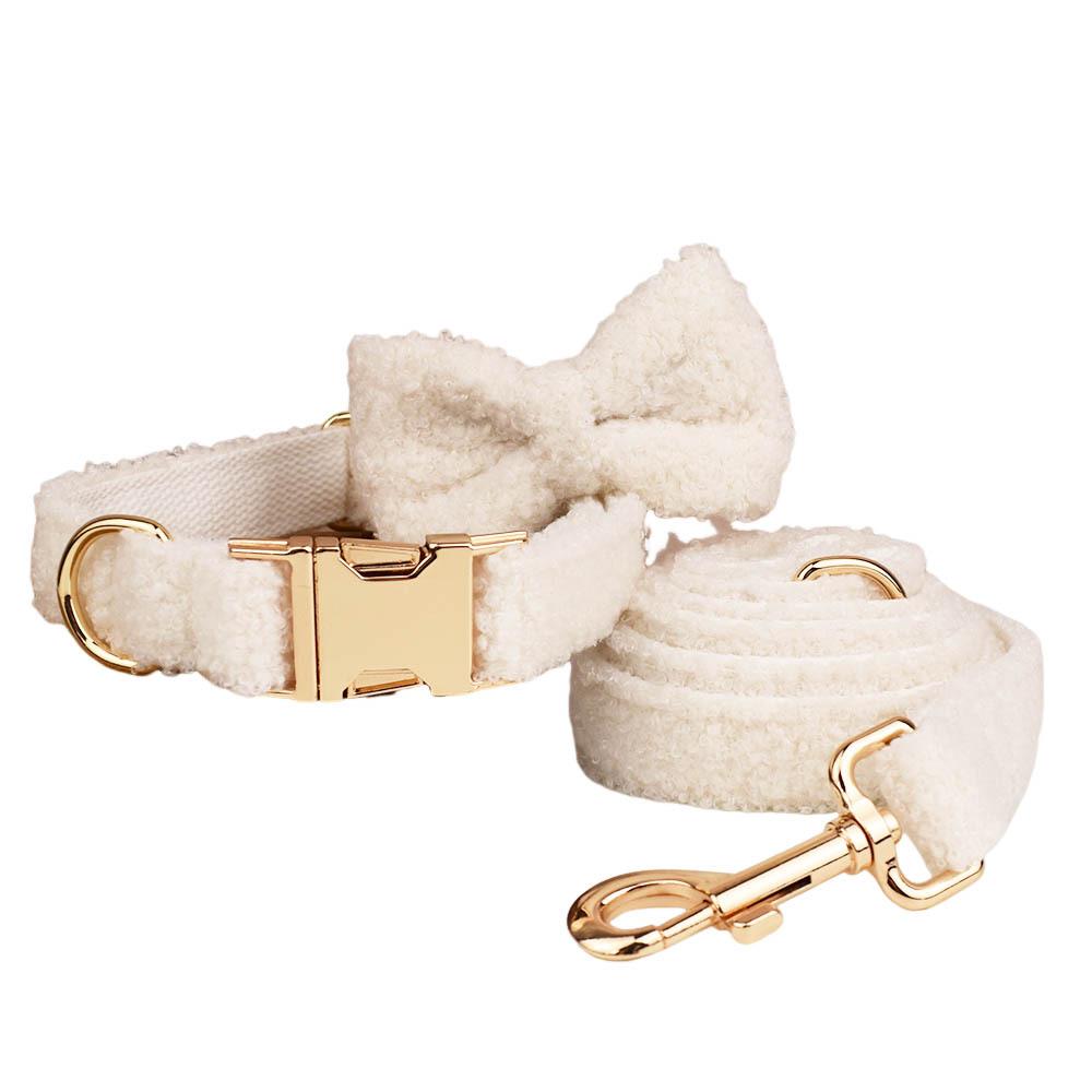 White Teddy Fleece Dog Collar & Leash Set with Custom Engraving