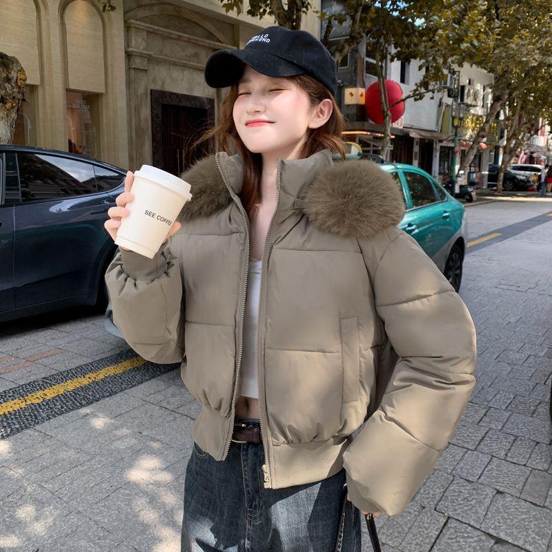 Winter Damen Dicke Taillenbetonende Kurze Jacke mit Warmem Pelzkragen und Kapuze Abnehmbare Kapuze