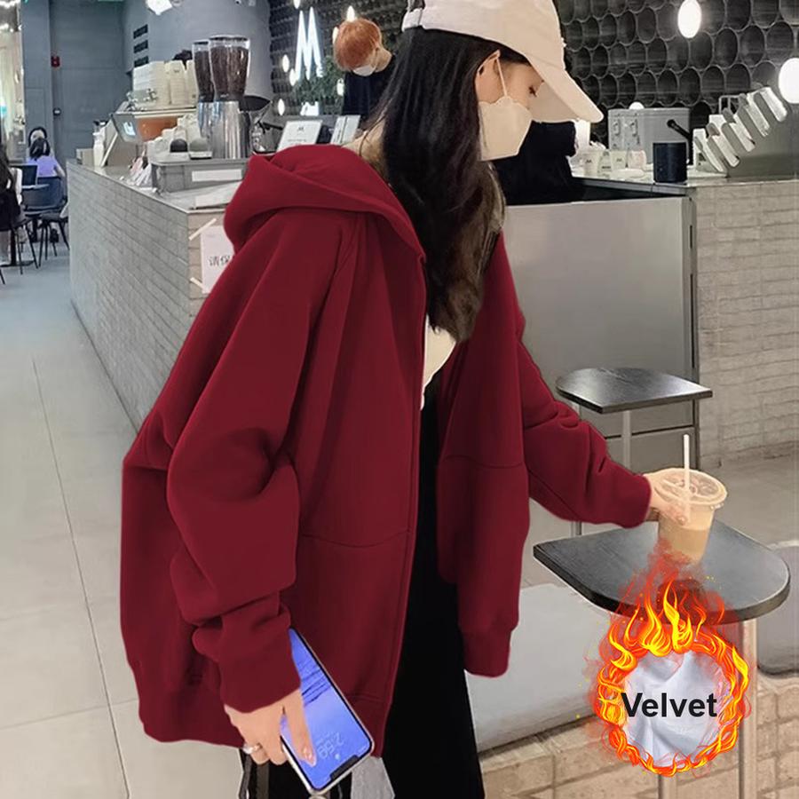 Autumn Winter New Fleece Hooded Red Sweatshirt Women's European Style Special Edition Top Coat