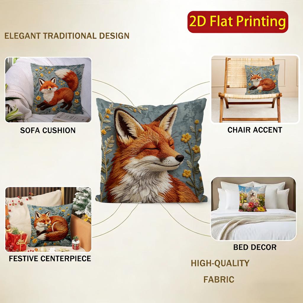 Cute Embroidery Style Fox Floral Throw Pillow Covers Pattern Cushion Cover Suitable for Sofa Bedroom Car Pillow Cover