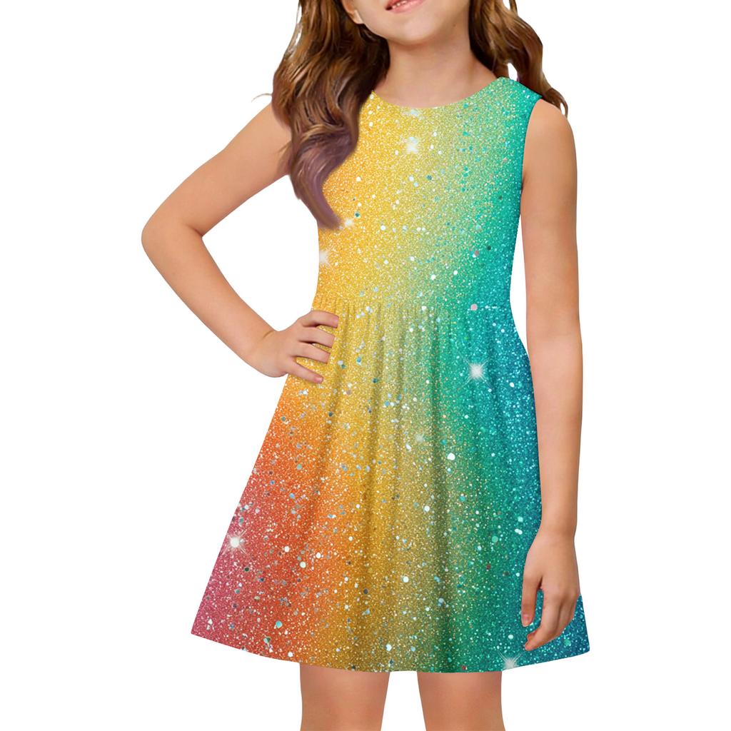 Girls sleeveless print dress with round neck and flared A line skirt casual kids summer outfit