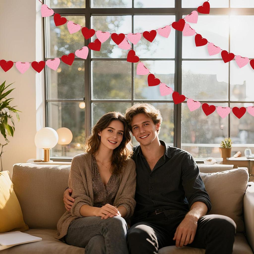 4 Pack Felt Heart Garland Banner, No DIY Valentine's Day Decorations Red Pink Hearts Hanging Banner 9.8ft Galentines Day Heart Felt Decor for Wedding