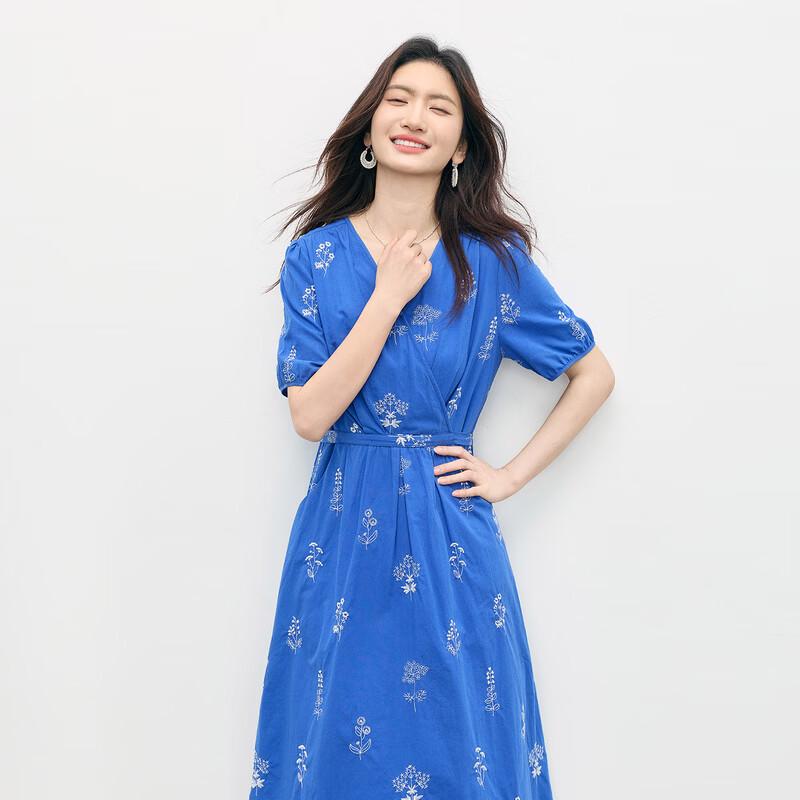 Klein Blue Embroidered French V-Neck Midi Dress