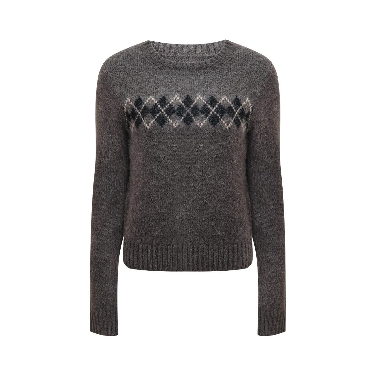 Vintage Wool Blend Argyle Knit Sweater – Crew Neck, Straight Fit, Autumn Winter Pullover for Women S серый