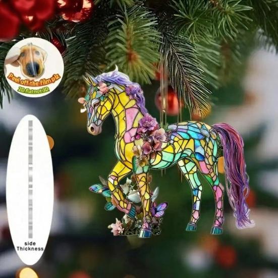 2Pcs Horse Pendant 2D Acrylic Animal Charm Christmas Tree Door Window Wall Hanging Ornament Automotive Decoration