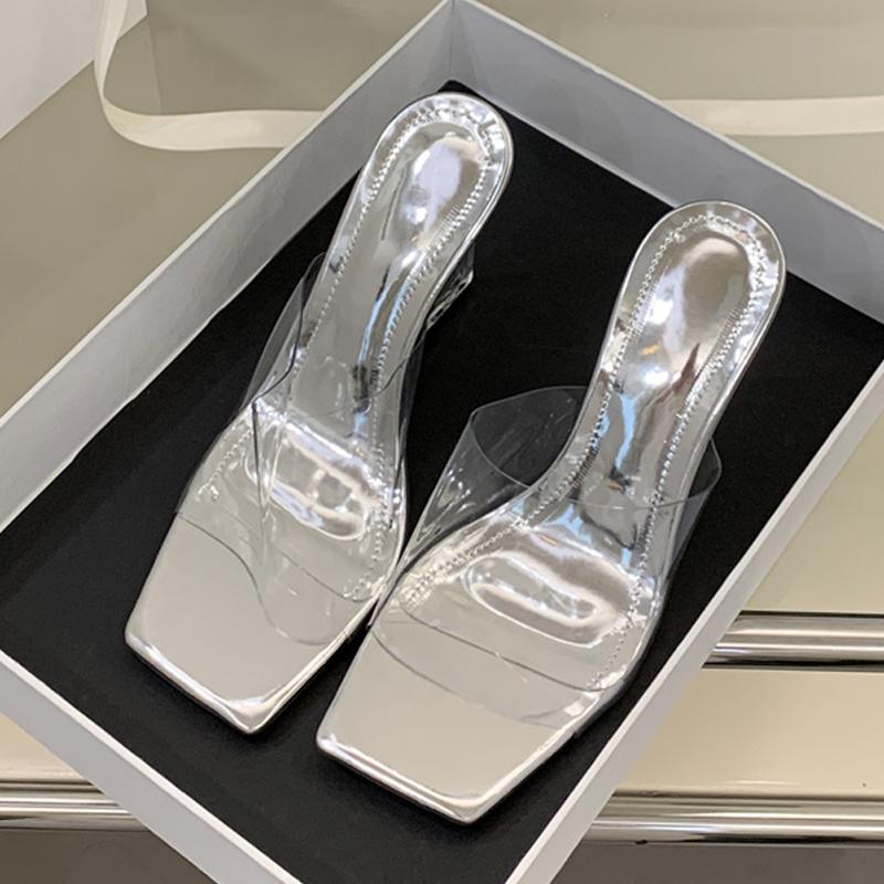 Summer Fashion Wide Square Open Toe Perspex Wedges Slipper Clear High Heels PVC Transparent Shoes Women Sandals Size 35-40