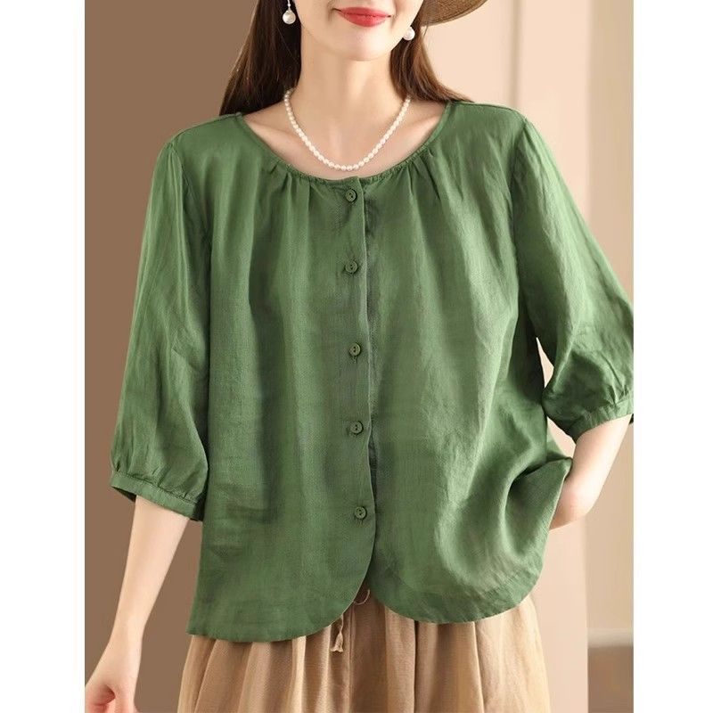 

Summer new retro cotton and linen mid-sleeve shirt for women s commuting versatile single-breasted solid color loose slimming top for women thin M зелёный