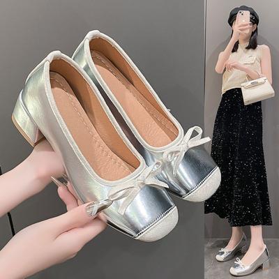 Ballet Shoes Comfortable French Thick Heel Middle Heel Square Head Shoes Bow Fashion Shoes
