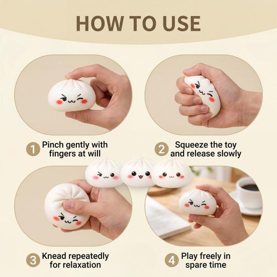Cartoon Expression Steamed Bun Toy Stress Relief Dumpling Squeeze Sensory Toy Stress Ball Simulated Dough Ball Fidget Toy
