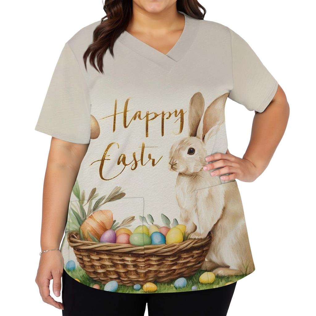 Modisches Damen-Arbeitstop mit V-Ausschnitt und kurzen Ärmeln, mit doppelten Seitenschlitzen und Taschen, featuring Osterhasen- und Eierdrucken.