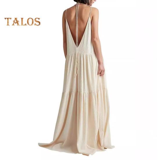 Lady Beach Dress Deep V Neck Loose A-line Patchwork Backless Sleeveless Pleated Vacation Strappy Dress Resort Wear Maxi Dress Floor Length Sundress