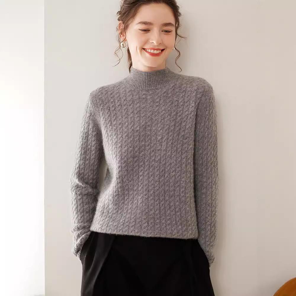 Women's Half-High Collar Cable Knit Cashmere Sweater - Korean Style Thick Pullover for Autumn and Winter