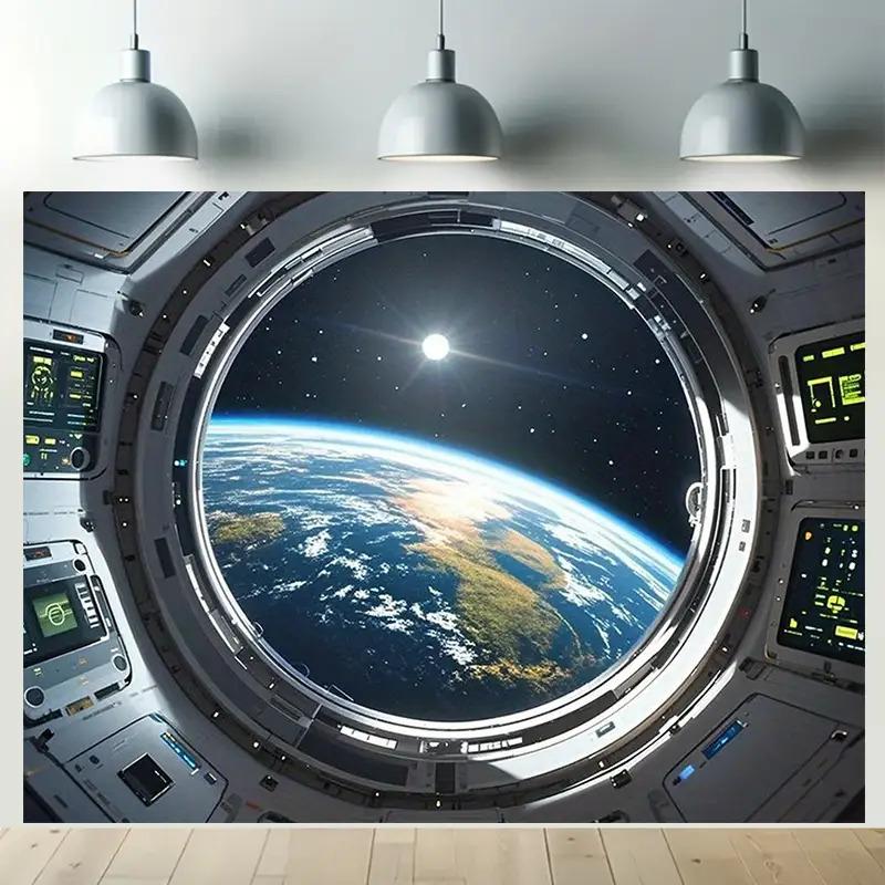 Space Earth Tapestry, Astronaut View of Planet from Spaceship, Sci-Fi Cosmic Wall Hanging for Living Room Bedroom