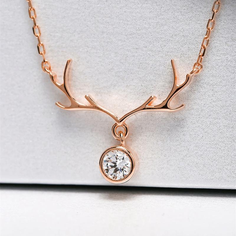 Christmas Inlaid Zircon Necklace Women, Antlers Elk Pendant Jewelry, Lady Style Cute Holiday Jewelry