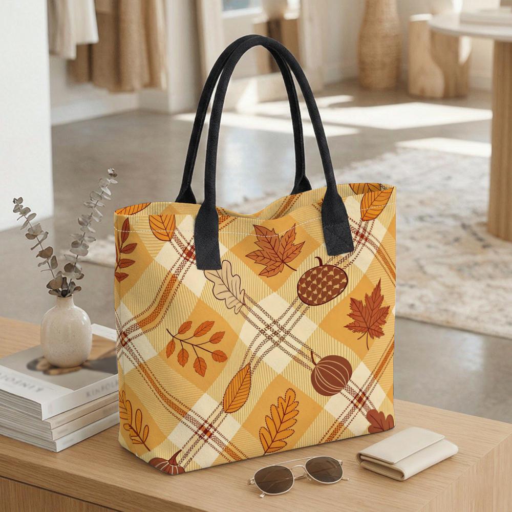 Autumn Maple Pumpkin Plaid Canvas Tote Bag Casual Large Capacity Reusable Daily Shoulder Handbag for Women