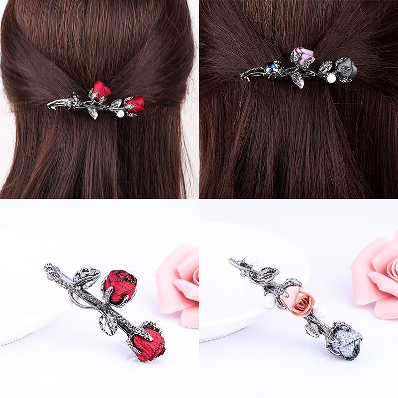 Trendy Unisex Rhinestone Leaves Barrettes Female Ponytail Holder Rose Flower Hair Clip Hair Accessories Crystal Women Graceful