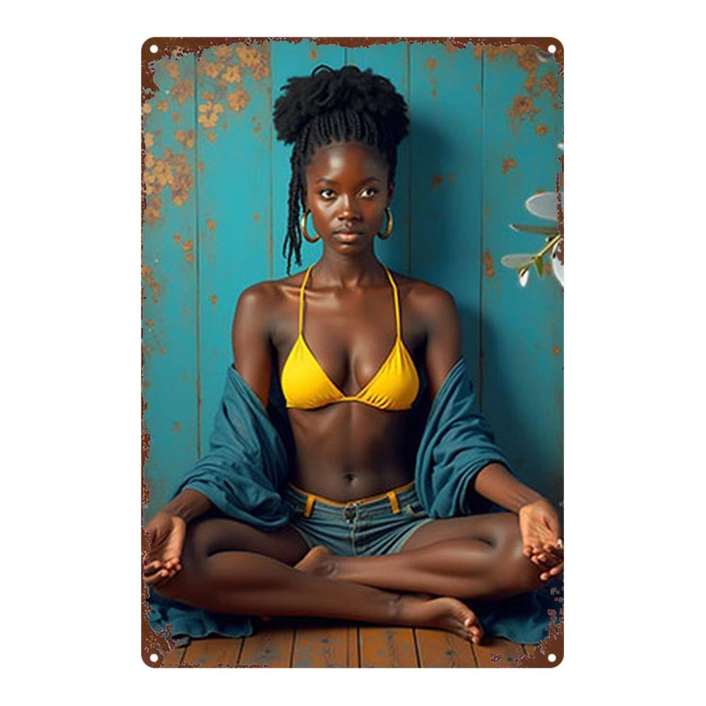 African Woman Yoga Metal Sign x Inch Vintage Wall Decor for Home Gym Office
