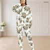 Women Plus Size White Floral Printed Round Neck Long Sleeve Top And Pants Set