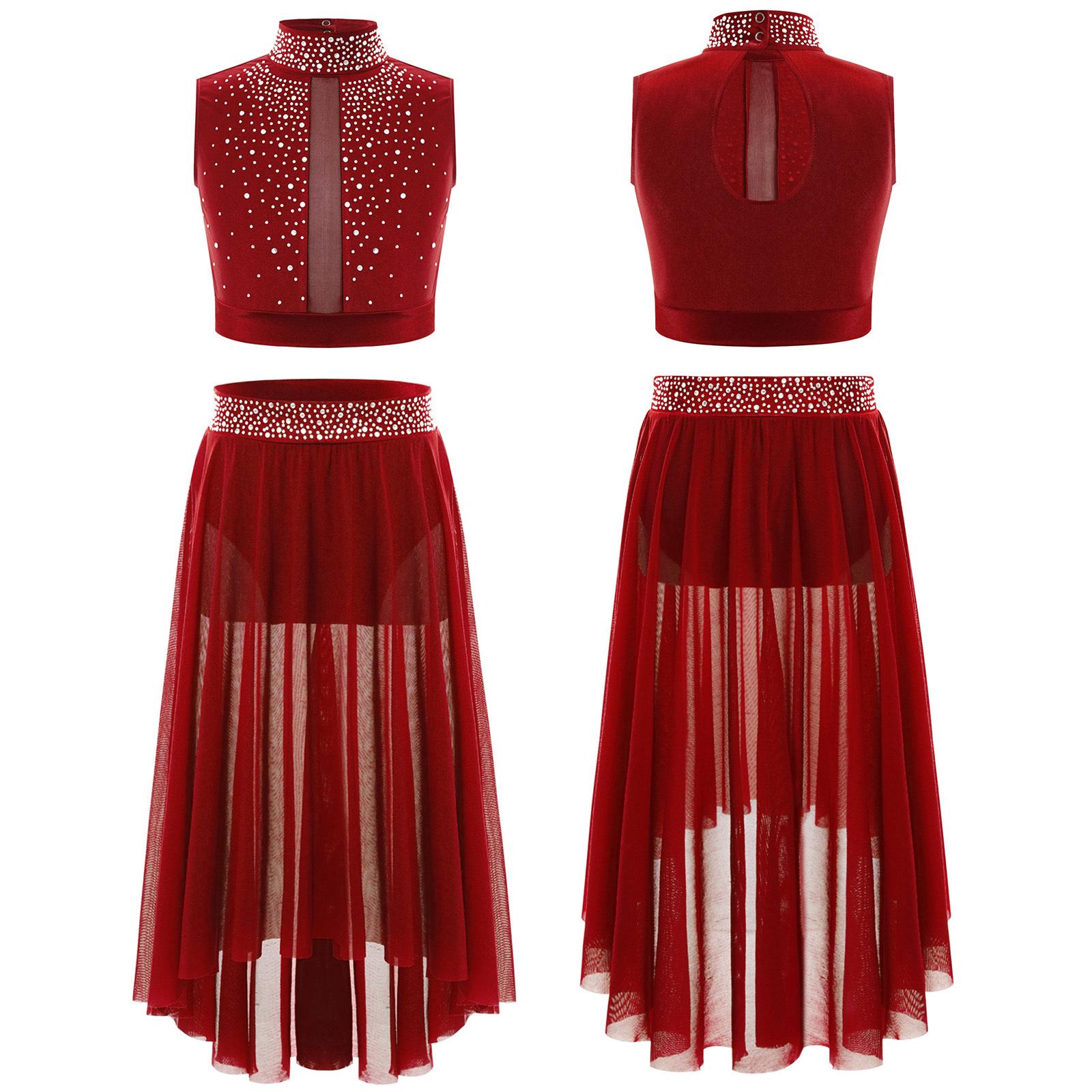 

Комплект для современного танца для девочек, стразы, укороченный топ, сетчатый шифоновый купальник, юбка для гимнастики, катания на льду, балета 7-8 Years