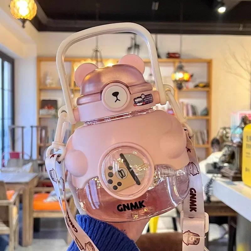 1000ml Bear Kawaii Water Bottle with Straw and Strap, Cute Water Bottles for Kids, Portable Leakproof BPA-free Drinking Cups