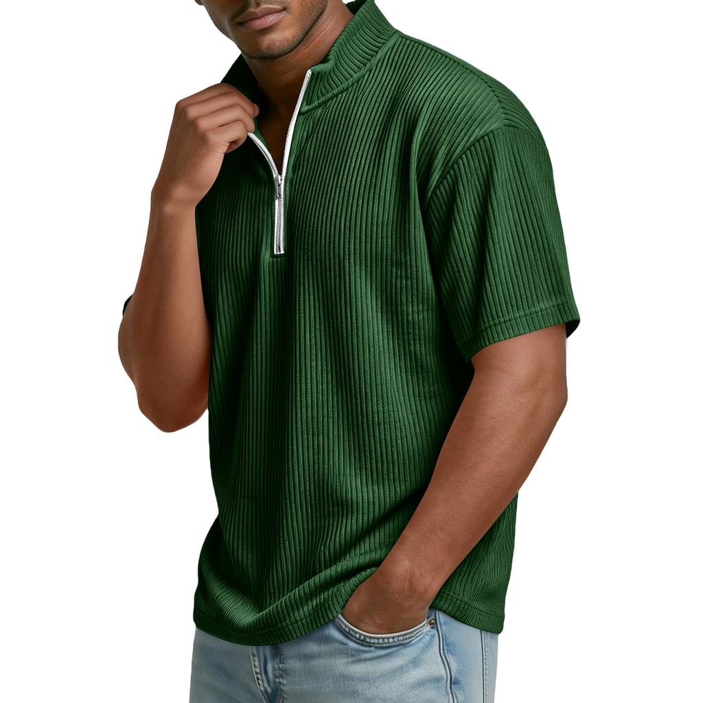 Top Pulóver Casual para Hombre de Manga Corta con Cremallera Media y Tejido de Canalé, Cuello Alto, Textura Suave, Corte Relajado, Camisa para Uso Diario