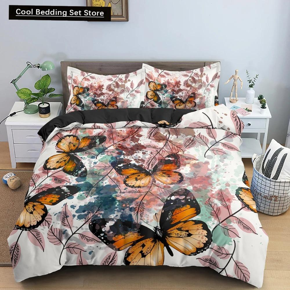 Butterfly Duvet Cover King Queen Size Animal Floral Bedding Set for Teens Adults Beautiful Flower 23pcs Polyester Quilt Cover