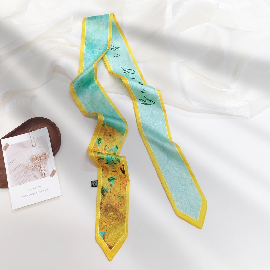 French green small long narrow silk scarf women's spring and autumn pointed corner tied bag ribbon braided hair band headgear scarf streamer belt