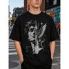 Men's Black Oversized Graphic Tee with Classical Statue and Angel Wing Print, Short Sleeve Crew Neck Soft Cotton Blend Streetwear for Daily Casual