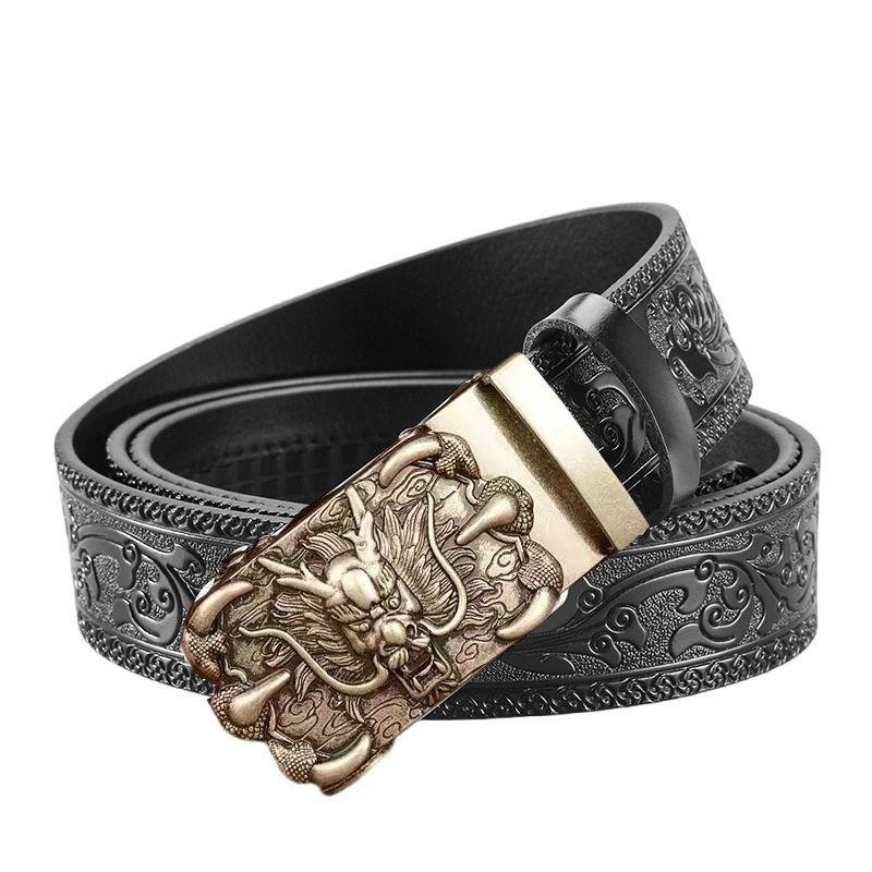 Domineering Tang grass pattern engraved men's automatic imitation copper buckle belt, personalized