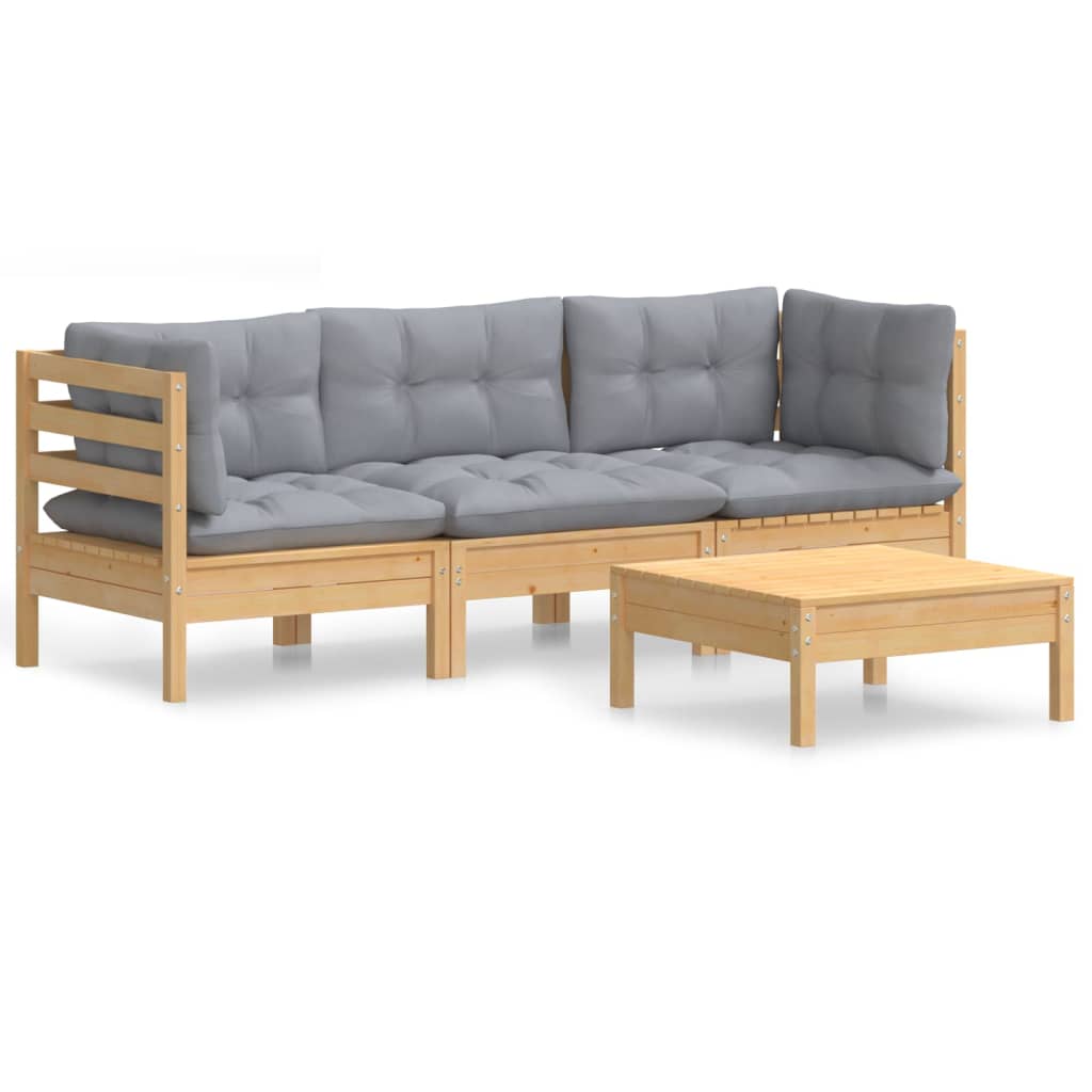 4 Piece Garden Lounge Set with Grey Cushions Pine Wood