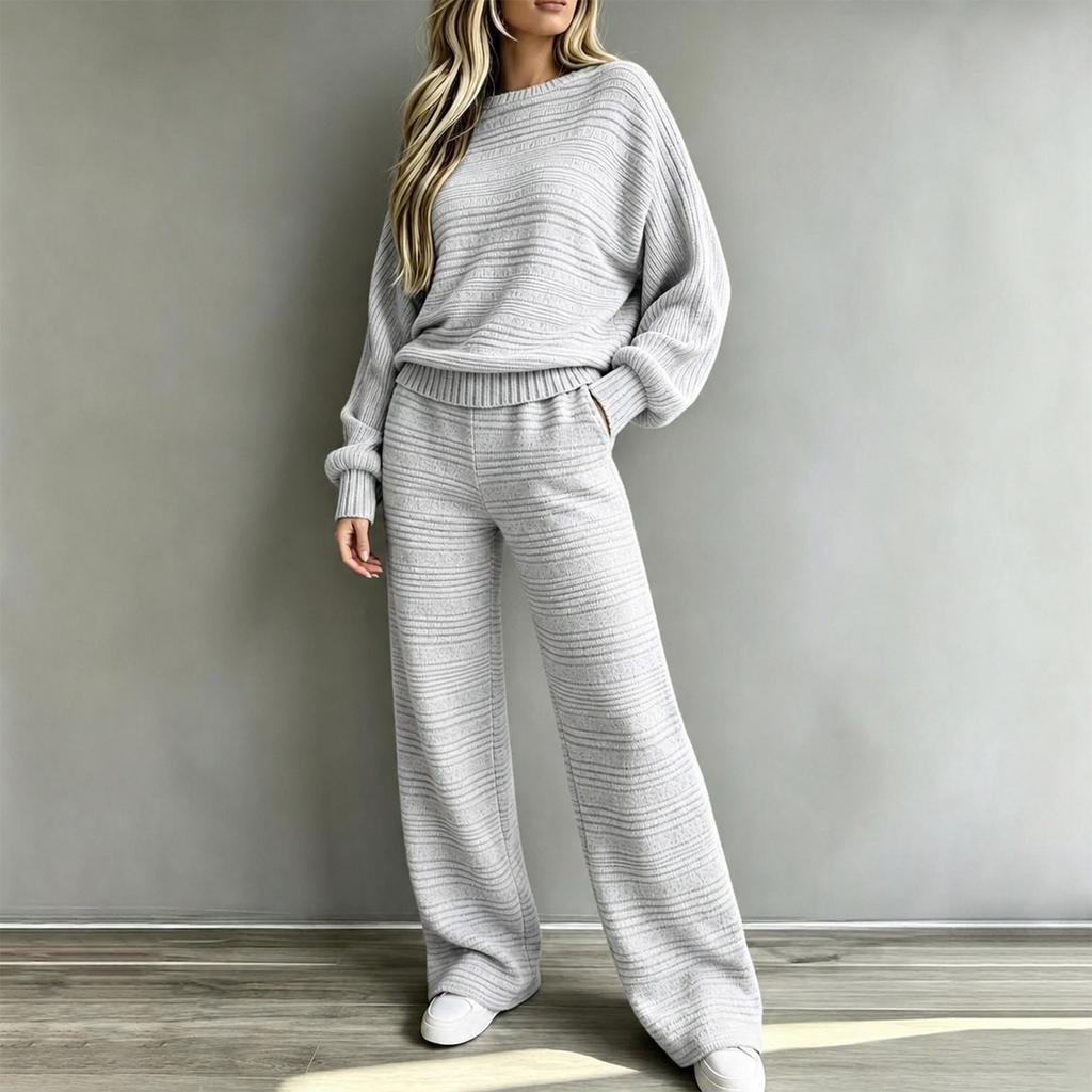 Women's Ribbed Knit Two-Piece Set Long Sleeve Top and Wide Leg Pants Casual Outfit