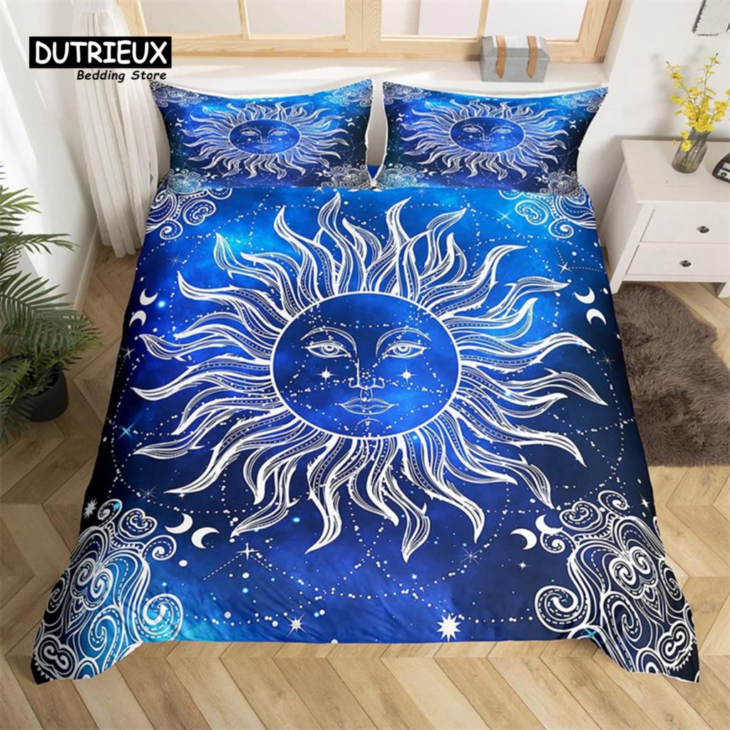 Comforter Sun And Moon King Queen Starry Sky Galaxy Trippy Bedding Set For Kids Adults Microfiber Boho Geometric