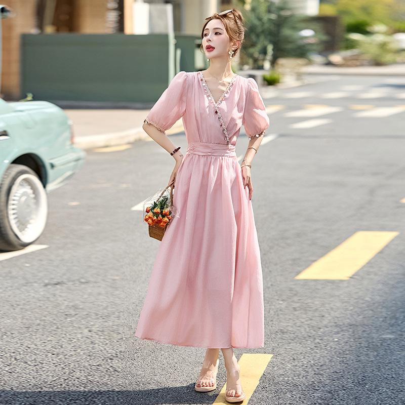 

2025 Summer Elegant V-Neck A-Line Spliced High-Waist Dress ZQ2525 XXL (65-70kg) рожевий