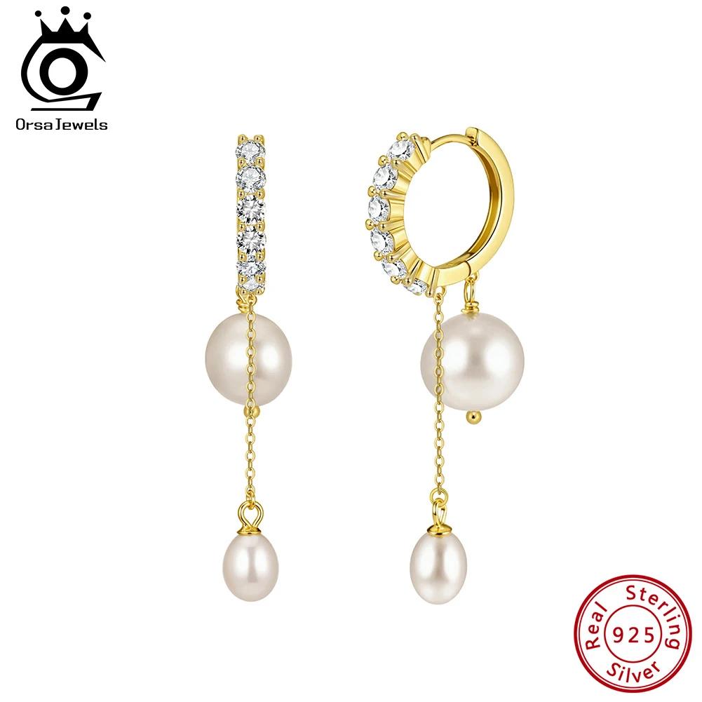 ORSA JEWELS 14K Gold 925 Sterling Silver Dangle Pearl Earrings with Handpicked Natural Baroque Pearl for Women Jewelry GPE126
