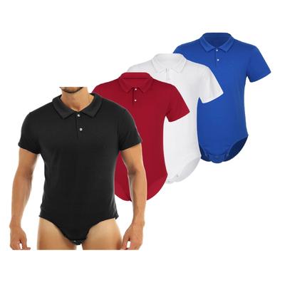Chemise à manches courtes pour hommes, col rabattu, bouton-pression, entrejambe, hauts, pyjama, body, Catsuit, sous-vêtements masculins