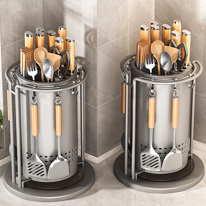 Rotating Kitchen Knife & Utensil Holder - Multifunctional Storage Rack for Knives, Spatulas, Spoons, and Chopsticks.